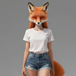 fullbody portrait of wild half - fox woman with fox nose and ears, wearing summer jeans shorts and tshirt, anime art, concept art, an ultrafine hyperdetailed illustration, detailed attractive face with fox nose and fox mouth, symmetrical, trending on pixiv, by lois van baarle by sung choi by john kirby artgerm style pascal blanche and magali villeneuve