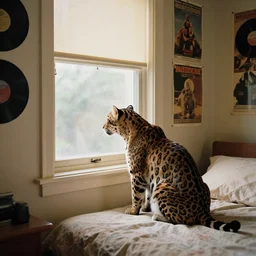 photography of a Jaguar Cat . watching outside the window. on a bed. in a 70's room full of vinyls and posters, photorealistic, award winning photo, 100mm, sharp, high res