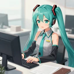 hatsune miku works in an office, high quality art, detailed anime art
