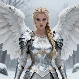 artistic portrait of a stern valkyrie with white feathered wings, wearing armor, feathered wings, perfect fit body, long blonde braided hair, beautiful eyes and lips, winter setting, art by artgerm and wlop and brom, highly detailed, 8 k, cinematic, mist, digital painting, trending on artstation, concept art, sharp focus, illustration, masterpiece