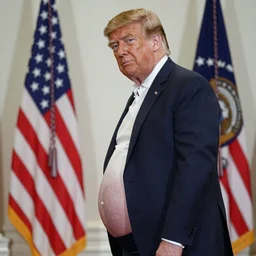 Donald trump showing off his massive pregnant belly, side profile, his head is turned towards the camera