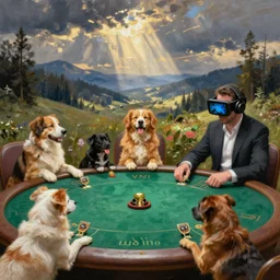 dogs playing vr poker, oil painting