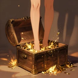 beautiful woman's legs coming out of a treasure chest, gold spilling, shadows on the wall, firelight, digital art, stylized, 4k, 8k, detailed, comical