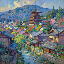 a beautiful japanese city in the mountain, amazing ryokans and gorgeous edo era houses, epic cyberpunk, lofi vibe, colorful, vivide colors, amazing light, really beautiful nature, oil painting in impressionist style, by jeremy lipkin, by claude monet, by makoto shinkai, multiple brush strokes, inspired by ghibli, masterpiece, beautiful