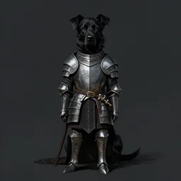 black dog wearing medieval suit of armor, illustration, concept art, art by wlop, dark, moody, dramatic