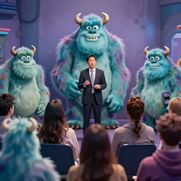 ceo giving a speech to an audience of monsters