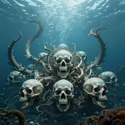 death rising from the depth of the ocean , wide angle shot, diffuse lighting, fantasy, intricate, elegant, highly detailed, lifelike, photorealistic, digital painting, illustration, concept art, smooth, sharp focus, A24!film cinematography