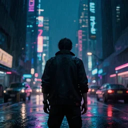 person stands infront of cyberpunk city, in theme of bladerunner movie, year 2 0 7 7 raining, neon lights, night, realism
