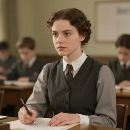 A movie still of Lea Seydoux as school teacher in 1913 silent movie.