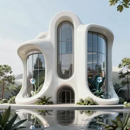 highly detailed futuristic architecture by frank lloyd wright and antoni gaudi, reflective lighting, holographic spheres, stylized vegetation, ground - level view, puddles of turquoise water, foggy atmosphere, stunning sunny lighting, sunrise, vivid colors, in the style of pixar animation, trending on artstation, 8 k, matte painting, ray tracing, hyper detailed, unreal engine 5, cinematic, epic lighting, cryengine, octane render, cyberpunk, red and orange glow, vibrant