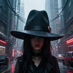 a person wearing a very large hat and black hair in a dystopian futuristic city with giant cables, red lights, rain, hyper - realism, 4 k