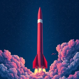 a frontal drawing of a red vertical rocket center in the image with a dark blue background and colorful clouds with stars by takashi murakami, beeple and james jean, aya takano color style, trippy, 8 k, super detailed, night sky, digital art, digital painting, clean