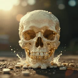 a 3 5 mm photo of a pile of pills forming the shape of a skull, splash art, movie still, bokeh, canon 5 0 mm, cinematic lighting, dramatic, film, photography, golden hour, depth of field, award - winning, anamorphic lens flare, 8 k, hyper detailed, 3 5 mm film grain
