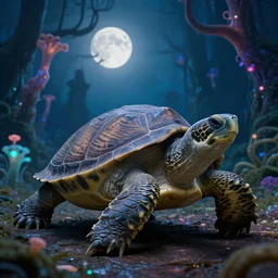 huge turtle with in a ancient bioluminescent forest on its back, full moon, moody lighting, 8 k, shallow depth of field, intricate detail,