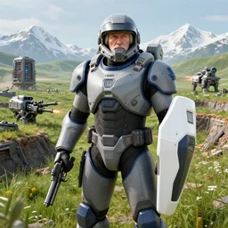 photograph of an stern old man wearing futuristic gray heavy exosuit armor with navy blue detailing with helmet off holding a white plastoid shield in his left hand and a blaster in his right hand. in the background there is a scifi battle taking place with trenches and force - field generator trucks and laser machineguns on a rolling green plains with snowcapped mountains in the distance.