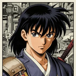 anime samurai, character portrait, portrait, close up, concept art, intricate details, highly detailed, vintage sci - fi poster, in the style of chris foss, rodger dean, moebius, michael whelan, and gustave dore