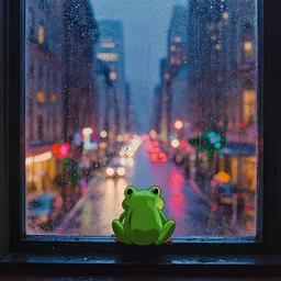 a film still trough a raincovered window on a rainy but colourful day in new york. sparkling lights, wide shot, frog perspective, wes anderson, studio ghibli, pixar and disney animation, sharp, rendered in unreal engine 5, anime key art by greg rutkowski, bloom, dramatic lighting