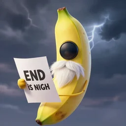 a one eyed banana with a white beard holding a sheet of paper with a text the end is nigh in pixar style under the thunderous sky, 3 d render, highly detailed, dynamic lighting, dramatic lighting, octane render, sharp focus, trending on artstation