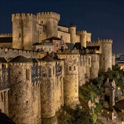ancient medieval city at night by michael whelan and michael kaluta, extremely hyperdetailed, intricate, ramparts, bulwarks, stone architecture, art nouveau ironwork, fortress wall
