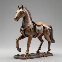 a scuplture of a horse in a steampunk style made from parts of plastic toys and riveted together