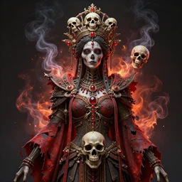 a beautiful detailed 3d matte painting of female empress of the dead, by ellen jewett, tomasz alen kopera and Justin Gerard, symmetrical features, ominous, magical realism, texture, intricate, ornate, royally decorated, skull, skeleton, whirling smoke, embers, red adornements, red torn fabric, radiant colors, fantasy, trending on artstation, volumetric lighting, micro details, 3d sculpture, ray tracing, 8k