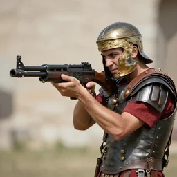 a roman soldier shooting a minigun, 4k, photorealistic