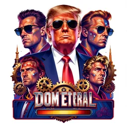 donald trump with sunglasses as superhero poster, maga stars stripes doom eternal with detailed faces enchanted psychedelic wide angle shot white background vector art illustration gears of war illustration gta 5 artwork of donald trump, in the style of gta 5 loading screen, by stephen bliss by hieronymus bosch and frank frazetta