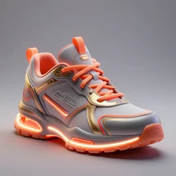 realistic 8 k sculpture of a cyberpunk sneaker with neon illuminated rubber soles and soft orange shoelaces, beautiful studio lighting, soft, sharp focus, cyberpunk, intricate detail, gold and red accents, soft rubber, octane render, trending on artstation, deviantart, art by hiroshi fujiwara