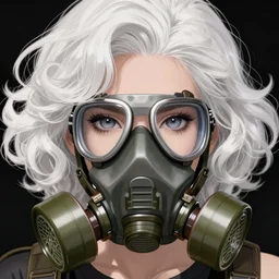 a anime woman wearing gas mask, detailed face, white curly hair, by krenz cushart