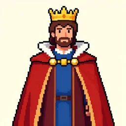 pixel art of a man wearing a cape with rolyal clothing and a crown