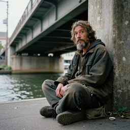 anthony kiedis as a homeless hobo living under a bridge, street photography, 4 k, ultra realistic, highly detailed,