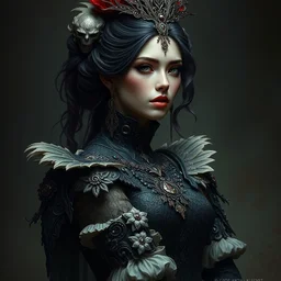 portrait of beautiful female warrior by irakli nadar with intricate detailed wearing victorian dress designed by alexander mcqueen and rocky gathercole, haunting, elite, elegant, ruan jia, dark, hyper detailed, concept art, by gustav klimt,