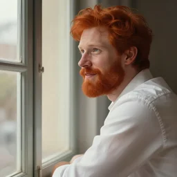attractive red - headed bearded man wearing a white shirt looking out the window expectantly, a smile on his lips, highly detailed, digital painting, artstation, concept art, smooth, sharp focus, illustration, art by artgerm, greg rutkowski, alphonse mucha, j. c. leyendecker