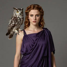 Anna Kendrick as the Goddess Minerva with her dark purple toga slipping off her shoulders which her owl is sitting upon 8k resolution hyperdetailed photorealism amazing level of detail and ultra high quality and beautiful