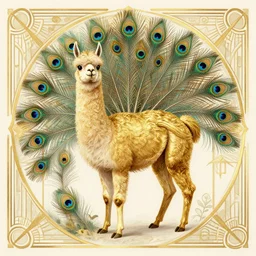 a llama animal made of gold and surrounded by peacock feathers and an elegant art deco boarder, concept art, illustration, tamara de lepika, rutkowski,