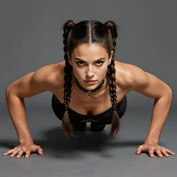 epic portrait of muscled Mila Kunis with braided pigtails hair doing push-ups, wearing intricate black choker, elegant, highly detailed, centered, digital painting, artstation, concept art, smooth, sharp focus, illustration, artgerm, donato giancola, Joseph Christian Leyendecker, WLOP, Boris Vallejo, Artgerm