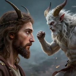 Jesus Christ fighting Lucifer, detailed face, digital art,ultra realistic,ultra detailed, ultra wide Lens, art by greg rutkowski
