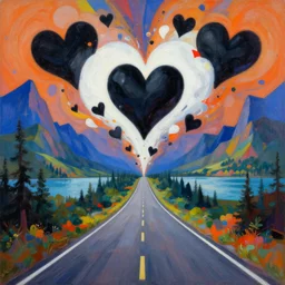 a collision of exploding black hearts and white hearts in surreal abstract form of an endless lonely road through a fantasy forested mountains and lakes landscape, vivid vibrant geometric art nouveau. trending on pixiv and artstation. an absurdly detailed oil painting