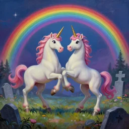 a beautiful detailed mate painting of unicorns dancing under a rainbow on a graveyard'in the style of disney, existential horror, trending on cgsociety artstation, highly detailed, 8 k, masterpiece, super resolution.