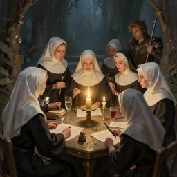 a group of nuns playing dungeons&dragons by artgerm and Craig Mullins, James Jean, Andrey Ryabovichev, Mark Simonetti and Peter Morbacher 16k