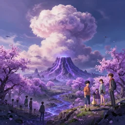 lava, purple cherry blossoms, cumulonimbus, unreal engine, fantasy art by greg rutkowski, loish, rhads, ferdinand knab, makoto shinkai and lois van baarle, ilya kuvshinov, rossdraws, tom bagshaw, global illumination, radiant light, detailed and intricate environment