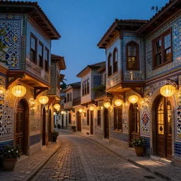 winding street at twilight in a very old very beautiful city by Thomas Seddon and Nicholas Roerich and jean delville, glowing paper lanterns, strong dramatic cinematic lighting , ornate tiled architecture, lost civilizations, smooth, sharp focus, extremely detailed