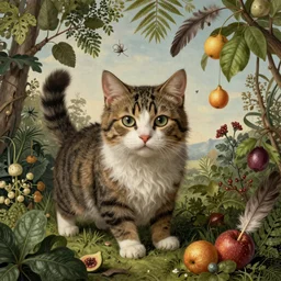 portrait of a cat dissolving in a field of foliage, botanicals, fruit and feathers, highly detailed, fantasy art, in the style of hieronymous bosch, cartoonish, whimsical