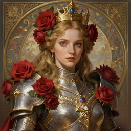portrait of imogen poots as a warhammer paladin with roses, by sasha tudvaseva, deep focus, intricate, elegant, regal, highly detailed, digital painting, artstation, concept art, matte, sharp focus, illustration, warhammer, fantasy, hearthstone, art by artgerm and greg rutkowski and alphonse mucha