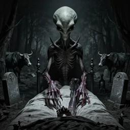 demonic alien with long fingers at the foot of the bed in a dark room, tombstones, cows, beksinski, dariusz zawadzki, very coherent symmetrical artwork, cinematic, hyper realism, high detail, octane render, 8 k