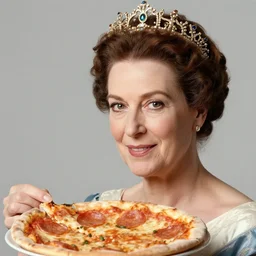head and shoulders portrait of queen margherita of savoy holding up a pizza to the camera, soft light, neutral background, black and white historical photo by letizia bruni, morten krogvold