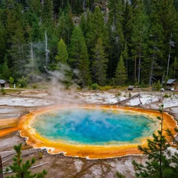 a photo of a colorful hotspring nestled in a forest