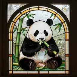 a stained glass window of a panda eating bamboo