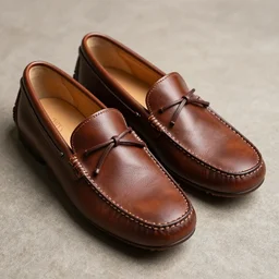 sperry brown leather moccasins with extra long toe points, photorealistic