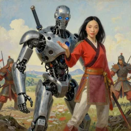 landscape, realistic portrait beautiful painting from scene in terminator robot merged in mulan war scene, hyperdetailed retrofuturism created by thomas kinkade and gustave courbet, fine draw, high detailed, fine lighting, smooth draw, no anomaly.